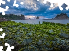 clouds, lake, Stones