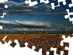 straw, Windmills, clouds, stubble