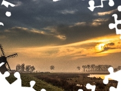 River, Windmill, clouds, Przebijające, luminosity, Fog, sun, flash, ligh