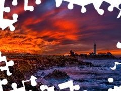 rocks, Lighthouse, west, maritime, Coast, clouds, sun