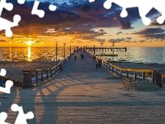 lanterns, pier, west, People, sea, clouds, sun