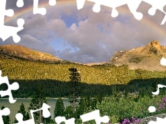 clouds, Mountains, trees, viewes, water, Great Rainbows