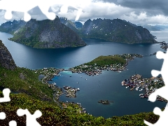 Lofoten, Mountains, Villages, North Sea, Norway, Houses, clouds