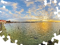 clouds, pier, water