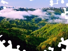 clouds, Mountains, woods