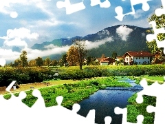 clouds, woods, brook, buildings, Mountains