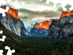 clouds, Mountains, woods