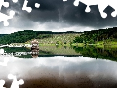 woods, pier, clouds, lake