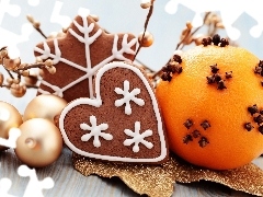 Gingerbread, decoration, cloves, baubles, orange, Christmas