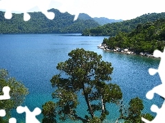 lake, woods, Coartia, Mountains