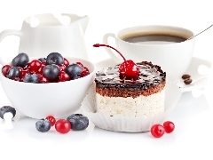 cake, blueberries, coffee, cherries