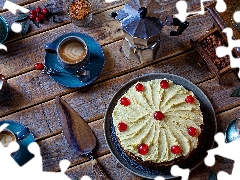 Lamp, cups, teapot, boarding, Cake, Two, coffee, composition, oil, Coffee Grinder