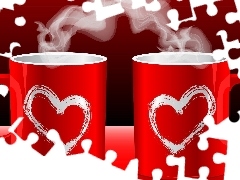 Red, hearts, coffee, cups