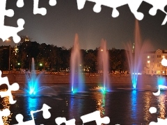 Fountains, Moscow, color, light, Night, River