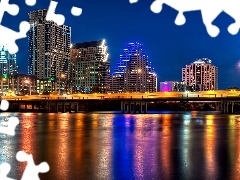 River, Colorado, night, bridge, Town, clouds, skyscrapers, Austin