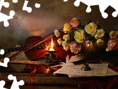 roses, violin, Tunes, composition, candle, Flowers