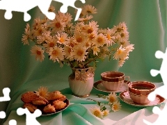 daisy, tea, Cookies, cups