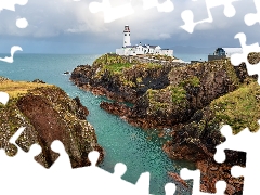 Fanad Head Lighthouse, rocks, Ireland, clouds, County Donegal, Lighthouses, sea, Portsalon