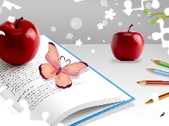 apples, Book, crayons, butterflies