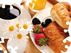 croissants, coffee, Fruits