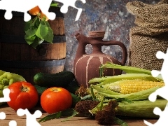 composition, tomatoes, cucumbers, corn