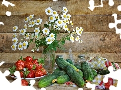 cucumbers, chamomile, strawberries