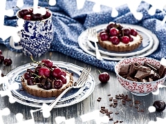 cup, chocolate, tartlets, cherries, cherry