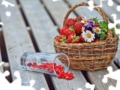 cup, Flowers, strawberries, Strawberries, basket