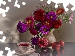 cup, tea, Astrów, apples, bouquet