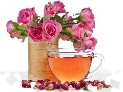 cup, roses, tea