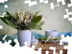 cup, composition, blue, stuff, Lily of the Valley, Vase
