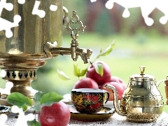 samovar, apples, cups, tea