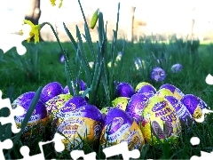 Easter, eggs, Daffodils, chocolate