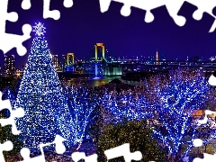 decor, Tokio, River, christmas tree, bridge
