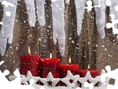 Stars, Red, decoration, Christmas, snow, Candles