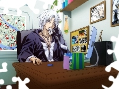 monitor, pictures, Allen Walker, desk, D.Gray-Man