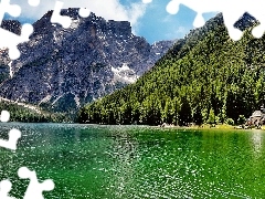 lake, Mountains, Lago di Carezza, Italy, church, woods