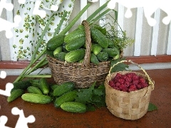 Baskets, raspberries, dill, cucumbers