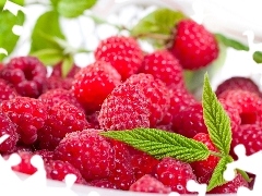 dish, raspberries, leaves