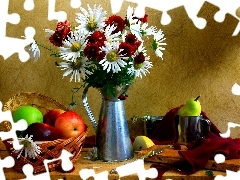 tin, claret, basket, daisy, White, dishes, Fruits