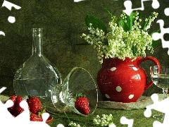 dishes, strawberries, lilies, glass, jug