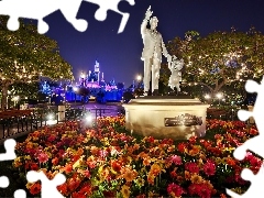 gerberas, North America, City at Night, statues, California, Disneyland