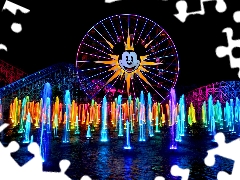 Disneyland, California, fountain, Anaheim, The United States, Ferris Wheel, Night