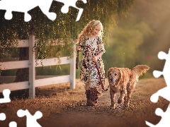 girl, Fance, Golden Retriever, Path, trees, dog, wander