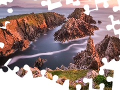 Sunrise, sea, County Donegal, Ireland, VEGETATION, rocks