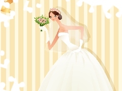 bouquet, lady, Dress, graphics, White, young