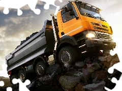 dump truck, rocks