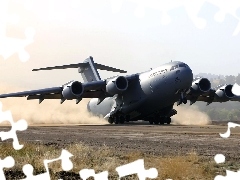 landing, troop-carrier, Boeing C-17 Globemaster III, dust