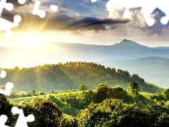 east, sun, Mountains, woods, clouds