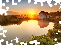 house, River, east, sun, Fog, medows